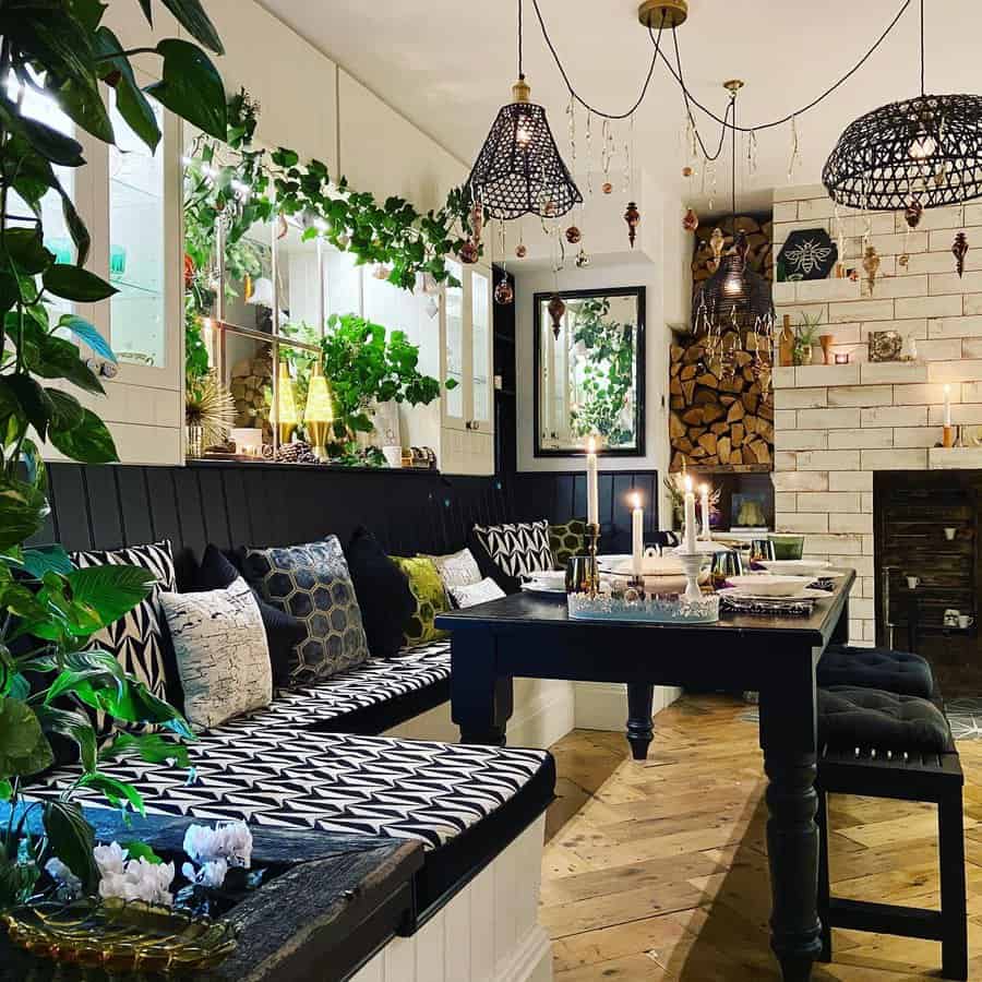 Eclectic dining room with patterned bench and hanging plants