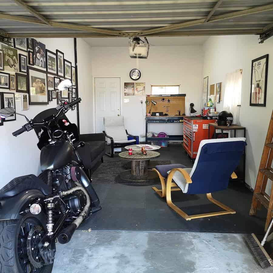 Garage man cave with wall art