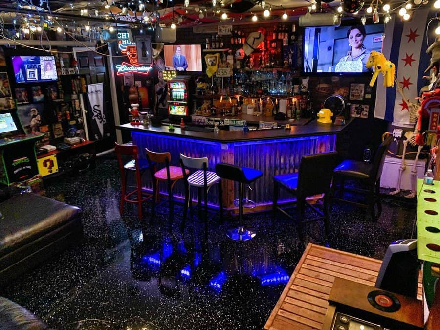 Garage man cave with dramatic lighting