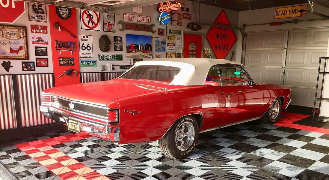 Garage man cave with wall art