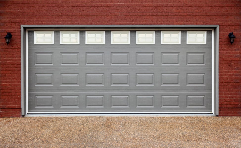 Gray Garage Door Ideas 2 Gray garage door on a red brick house with wall lanterns