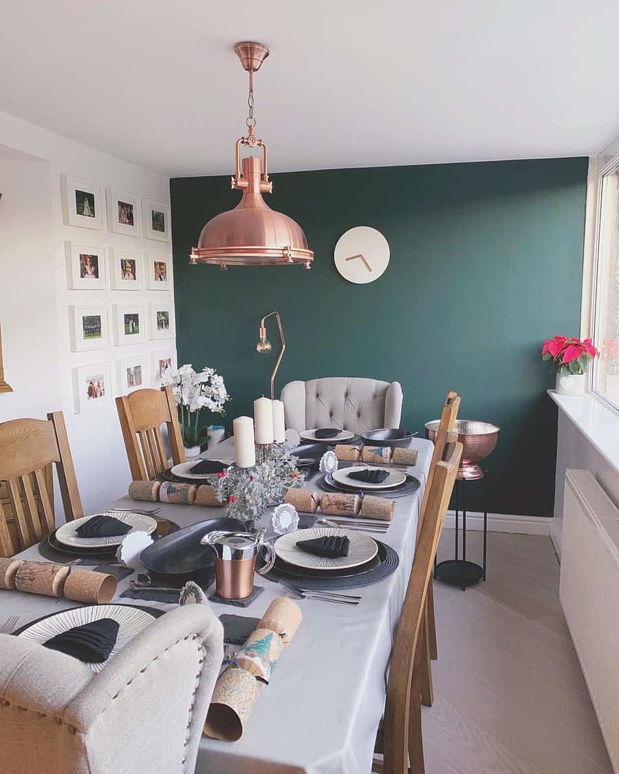Cozy dining area with industrial pendant light
