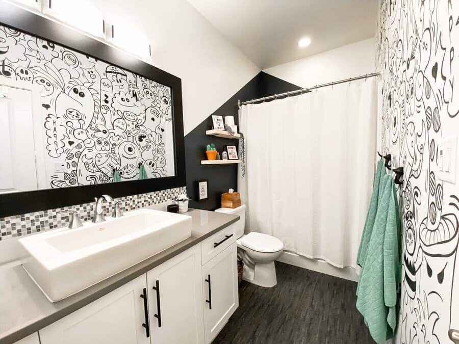 Doodle mural art in bathroom