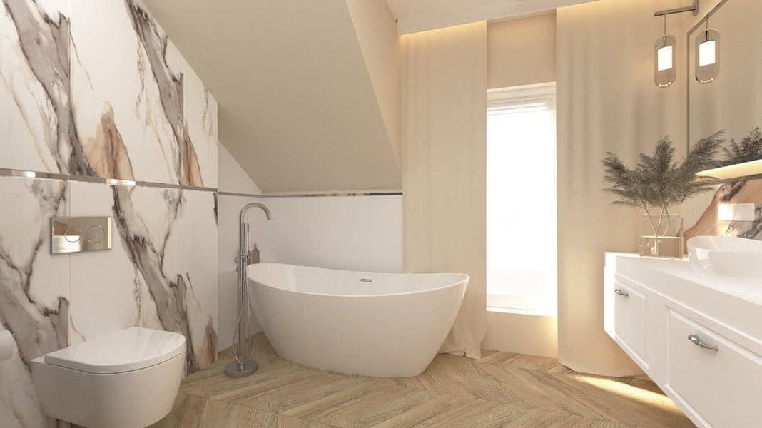 Beige bathroom with sheer curtains