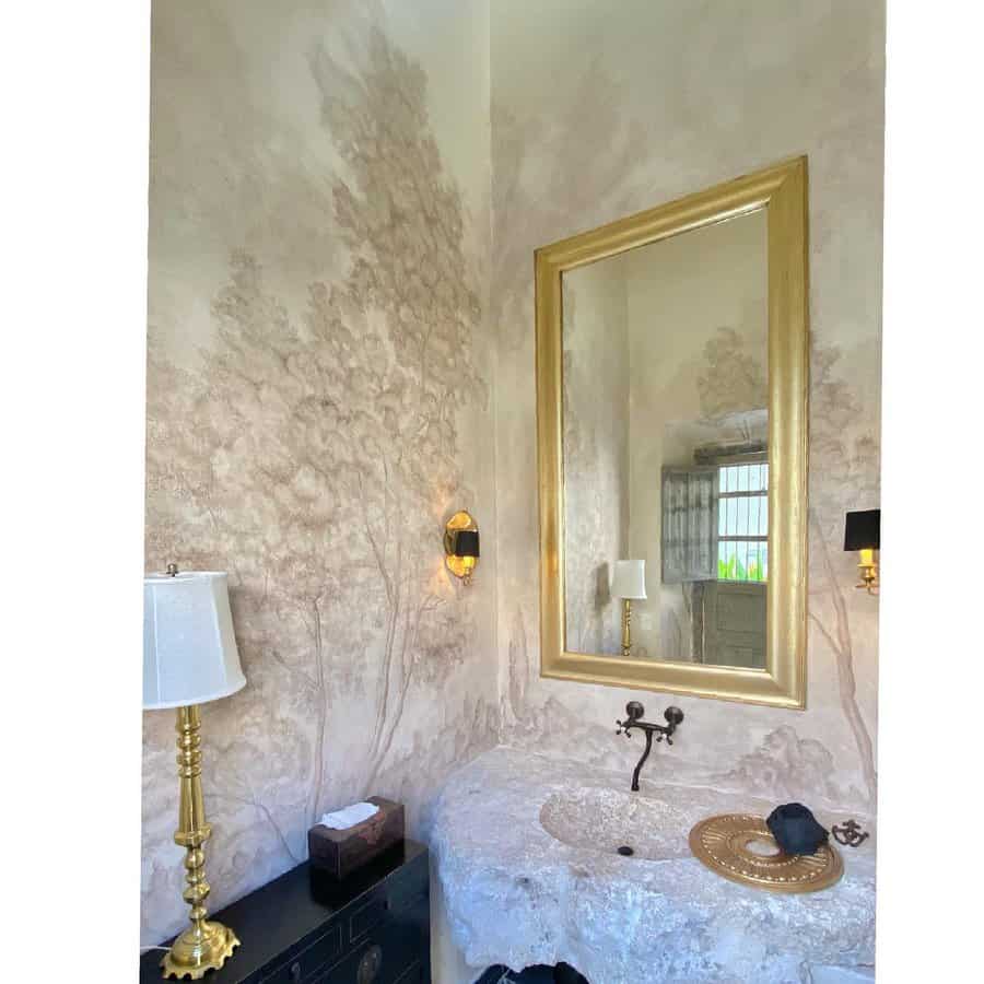 Camouflage mural art in grey bathroom