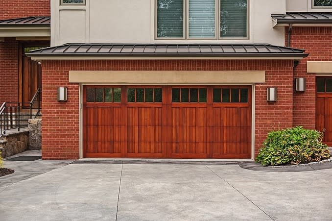 Wooden garage door with glass windows on a brick house