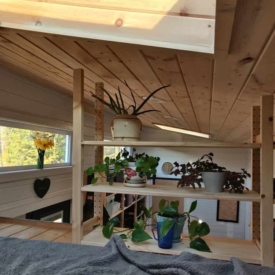 Cozy loft area with plant shelves and natural light