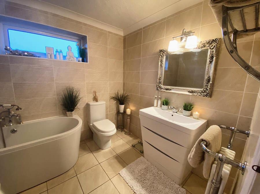 Beige tiles with white grout