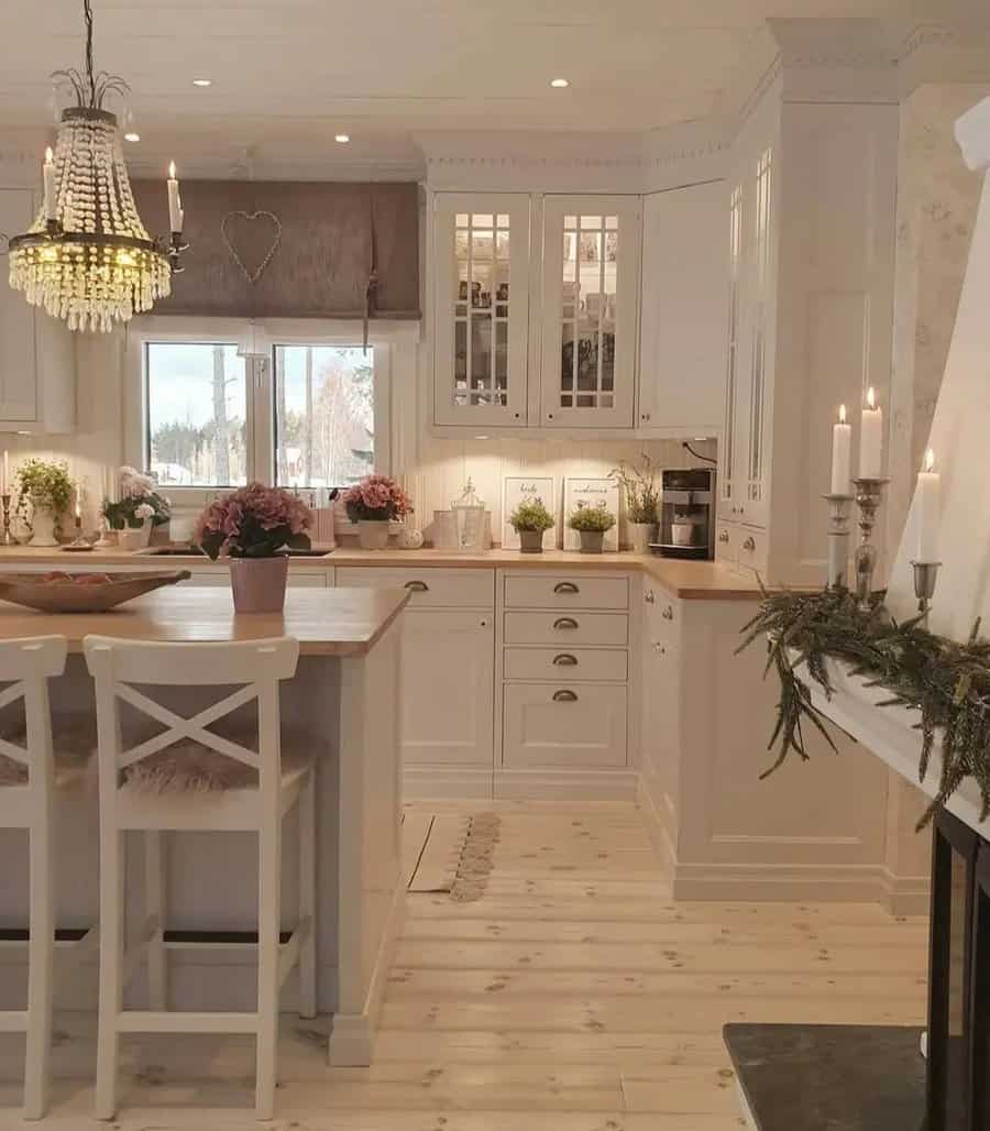 White cabinets with wood countertop