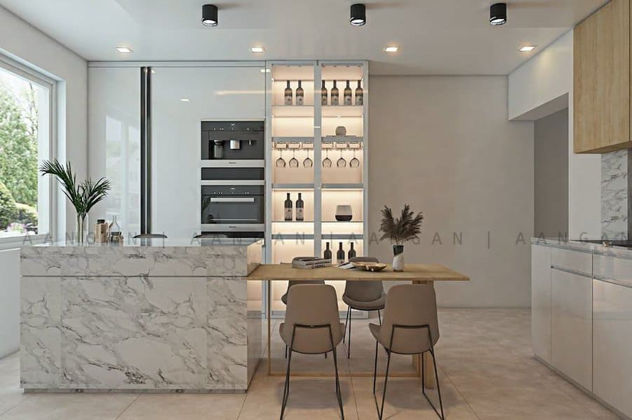 white cabinets with marble countertop