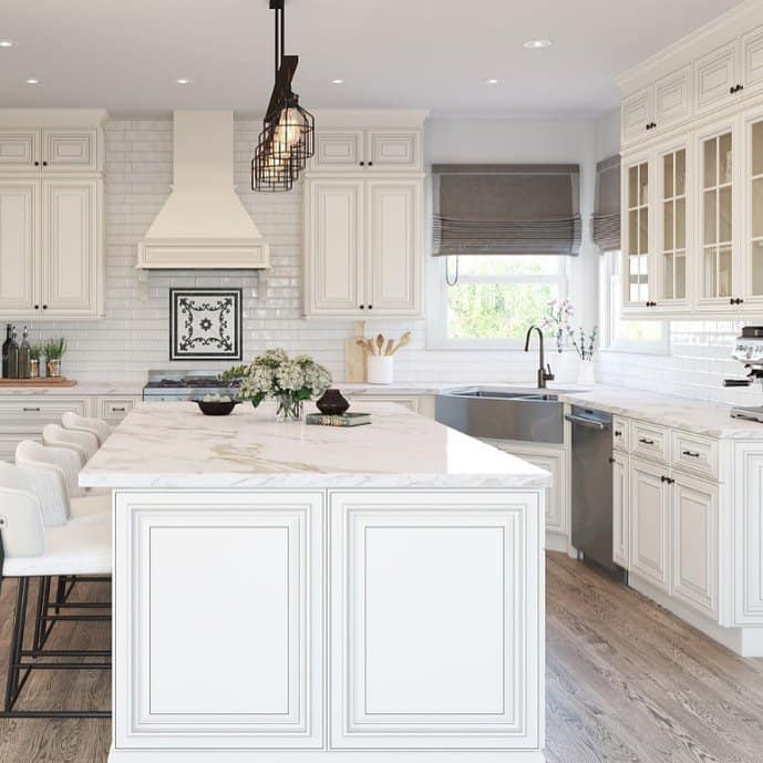 White cabinets with marble countertop