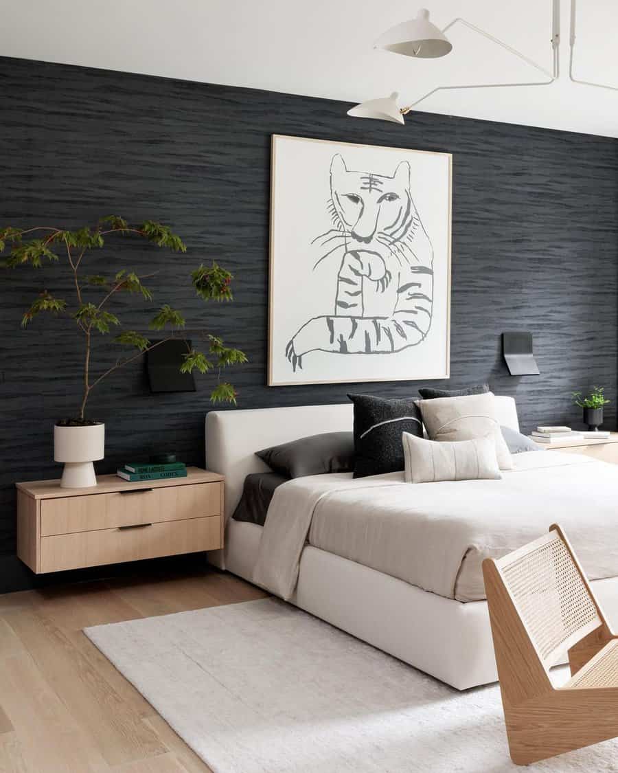 Black and white bedroom with plants