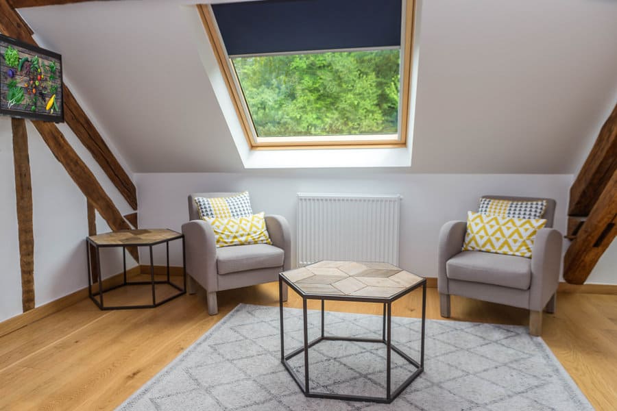 Modern attic lounge area with skylight and wooden beams